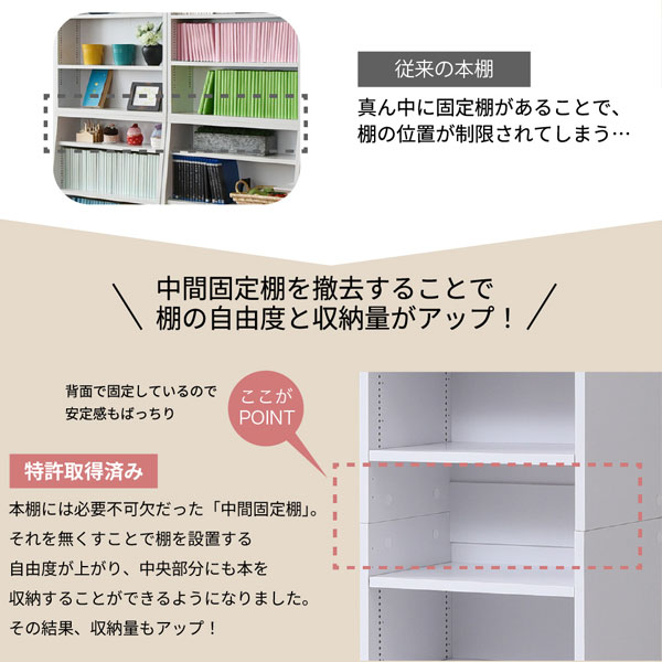 中間固定棚を撤去することで棚の自由度と収納量がアップ