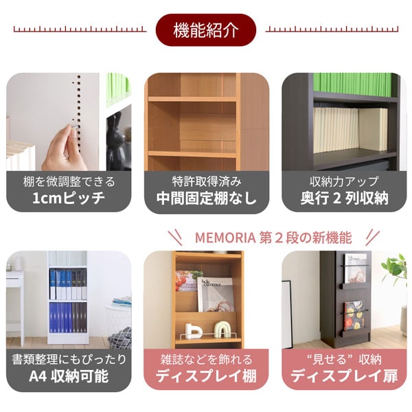 棚を微調整できる1cmピッチ/中間固定棚なし/奥行2列収納/A4収納/ディスプレイ棚/ディスプレイ扉