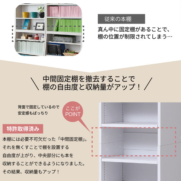中間固定棚を撤去することで棚の自由度と収納量がアップ