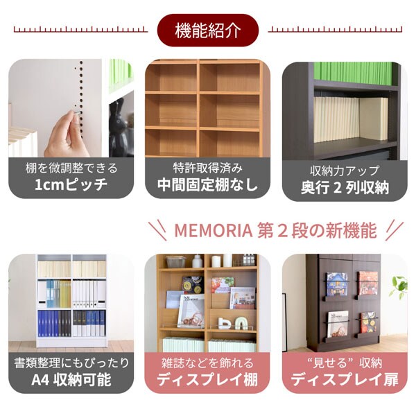 棚を微調整できる1cmピッチ/中間固定棚なし/奥行2列収納/A4収納可能/ディスプレイ棚/ディスプレイ扉