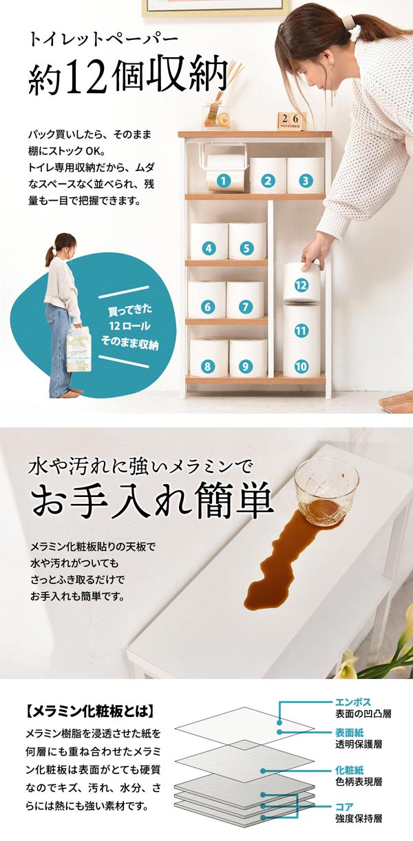 トイレットペーパー約12個収納/水や汚れに強いメラミンでお手入れ簡単