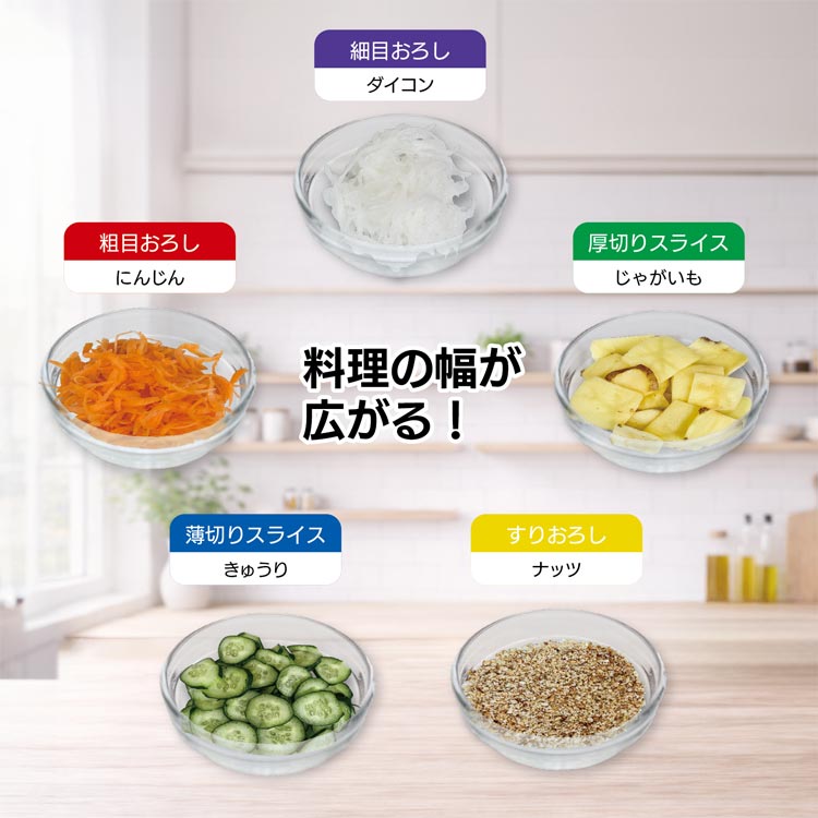 粗目おろし/細目おろし/厚切りスライス/すりおろし/薄切りスライス