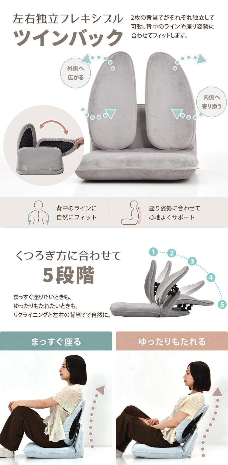 左右独立フレキシブルツインバック/くつろぎ方に合わせて5段階リクライニング