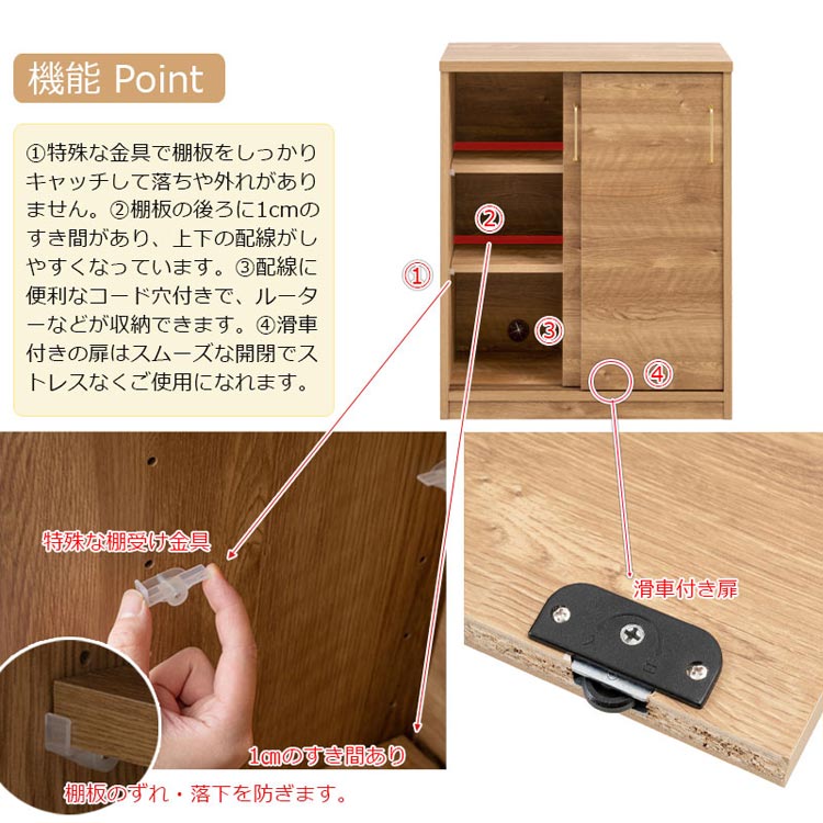 機能ポイント/棚板のずれや落下を防止・配線しやすい・コード穴付き・滑車付き扉でスムーズ開閉