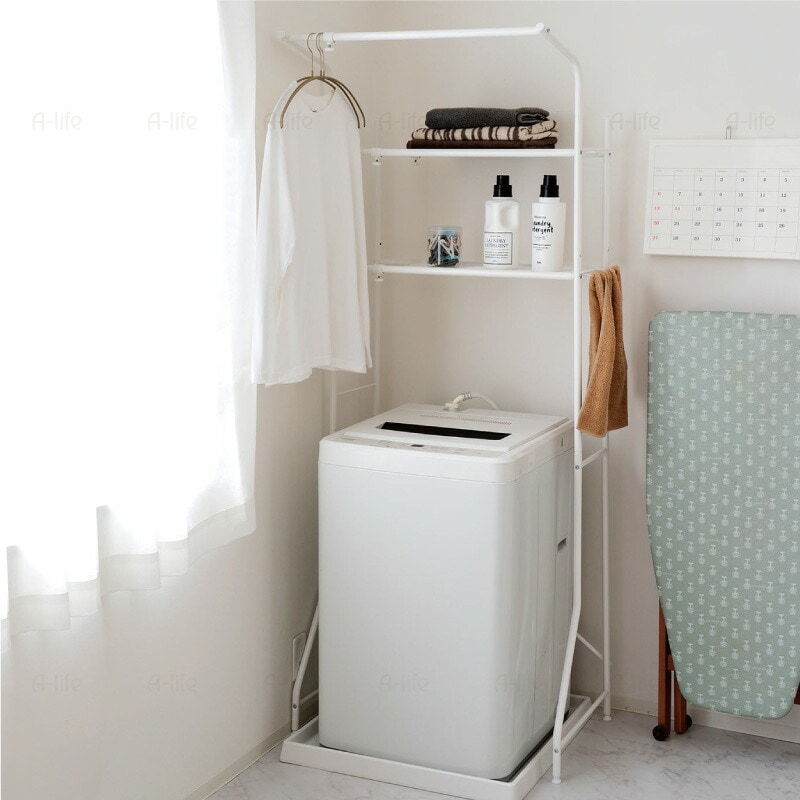 ランドリーラック２段伸縮タイプハンガーパイプ付きホワイトブラック洗濯機ラック収納