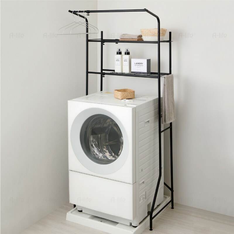 ランドリーラック２段伸縮タイプハンガーパイプ付きホワイトブラック洗濯機ラック収納