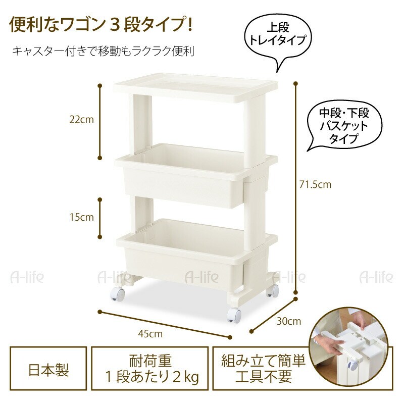 収納テーブルワゴン３段キャスター付き