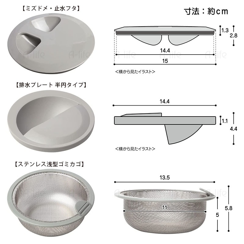 まとめて排水口３点セットキッチン流し用止水フタ排水プレート浅型ゴミカゴグレー日本製