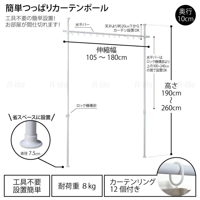 簡単つっぱりカーテンポール３分割透明カーテン２枚セット突っ張りパーテーション