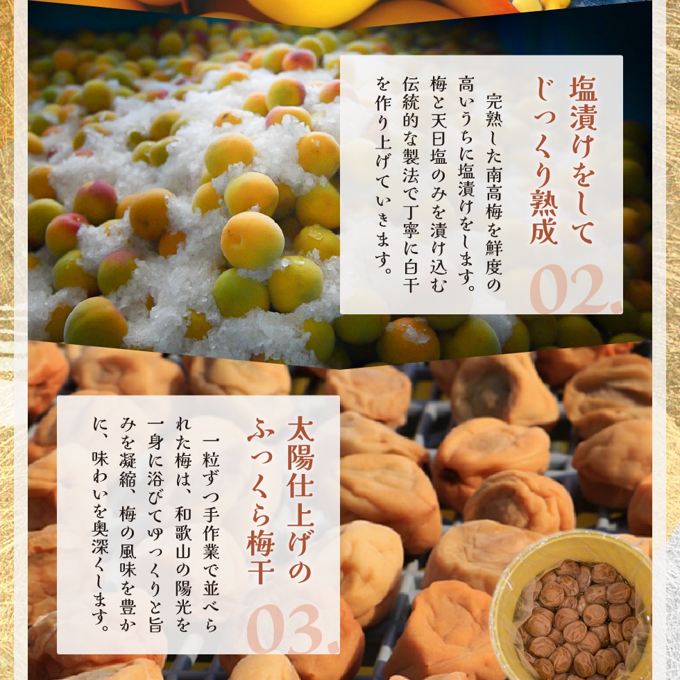 塩漬けをしてじっくり熟成。太陽仕上げのふっくら梅干。