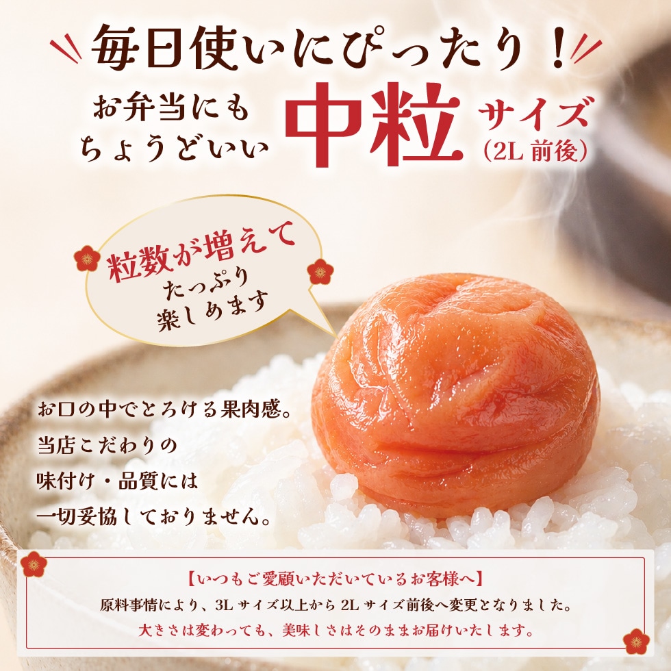 毎日使いにぴったり！お弁当にもちょうどいい中粒サイズ（2L以上）。