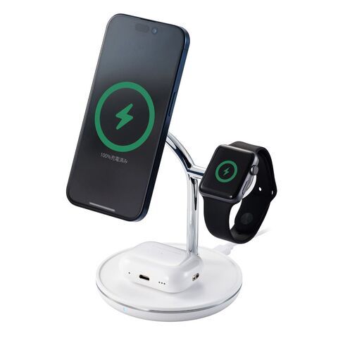 エレコム ワイヤレス充電器 Qi2 対応 15W / 7.5W / 5W マグネット式 充電スタンド 3in1 同時充電 ケーブル付属 1.5m 置くだけ 充電器 角度調整可 【 iPhone AirPods Apple Watch 各種対応 】 ホワイト  W-MS08WH 【返品種別A】