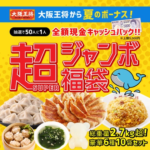 【単品合計9,270円のところ⇒5,000円！】大阪王将から夏のボーナス！抽選で50人に1人全額現金キャッシュバック！超（SUPER）ジャンボ福袋