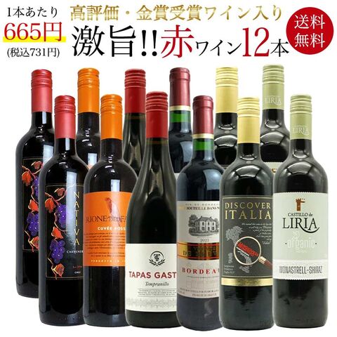 【送料無料】玉手箱厳選！高評価ワインや金賞ワインも入った激旨赤12本セット ワインセット (6種類×各2本)
