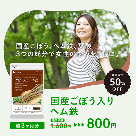 送料無料　基礎力サプリセール　特価　５８％引【不調の根本を整える★じっくり違いを試せる3ヵ月分】　国産ごぼう入りヘム鉄　葉酸配合サプリ　実感　約３ヵ月分　￥８００　通常￥１６００　ギフトにも最適【お一人様10ヶ迄】
