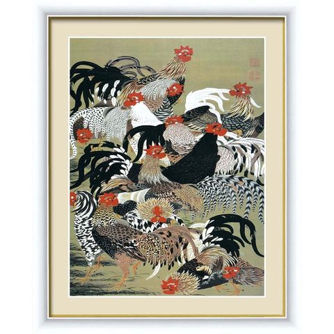 若冲 鳳凰 旭日 動植綵絵額 群鶏・白鳳・鶏■伊藤若冲 額装品（白）F4号 群鶏図 生活用品 インテリア 雑貨 絵画  【同梱不可】【代引不可】[▲][TP]