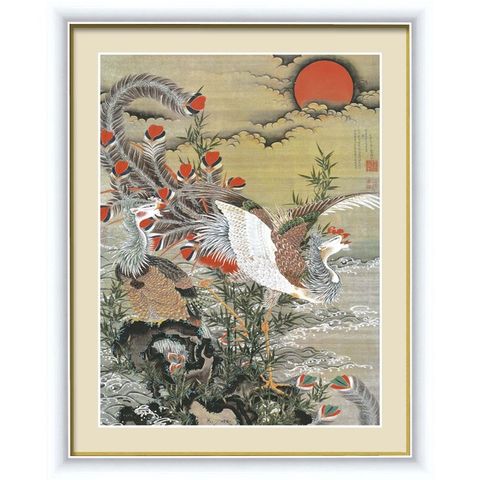 若冲 鳳凰 旭日 動植綵絵額 群鶏・白鳳・鶏□伊藤若冲 額装品（白）F4