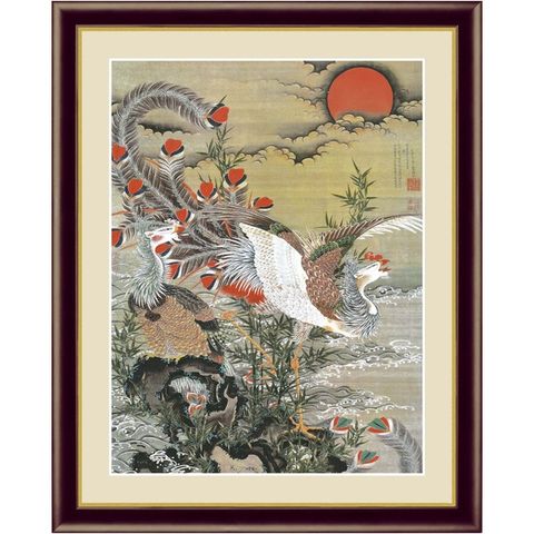 若冲 鳳凰 旭日】【動植綵絵額】群鶏・白鳳・鶏□伊藤若冲 額装品（茶