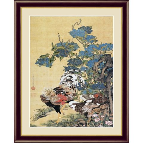 若冲 鳳凰 旭日】【動植綵絵額】群鶏・白鳳・鶏□伊藤若冲 額装品（茶