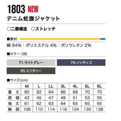 村上被服 蛇腹ジャケット 1803 カラー：インディゴ サイズ：4L 【同梱不可】【代引不可】[▲][TP]