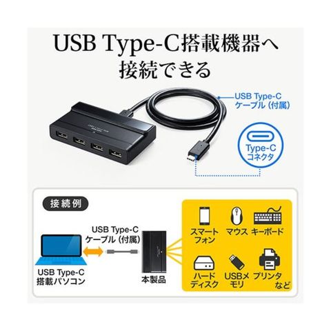 サンワダイレクト USBType-Cハブ(4ポート・USB3.1 Gen2・セルフパワー) ブラック 400-HUB061 1個  【同梱不可】【代引不可】[▲][TP]