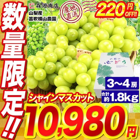 シャインマスカット 山梨県産 3～4房 合計1.8kg以上 高級 大房 白ぶどう ブドウ 葡萄 化粧箱 産直 産地直送 冷蔵便【9月上旬～10月下旬頃・期間内発送予定】【最安値に挑戦！12200円→220円OFF★10980円セール】