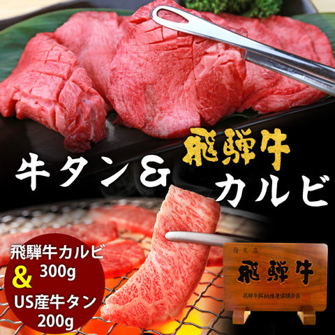 【冷凍】飛騨牛 カルビ 300g ＆ 牛タン 200g 焼肉 ブランド和牛 牛たん バーベキュー BBQ 少量 ソロキャンプ 送料無料