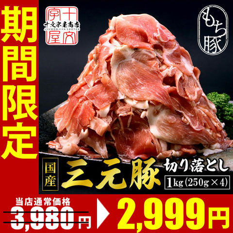 三元豚 切り落とし 250g×4（総量1㎏） 豚肉 ブタ ぶた肉 小間切れ 細切れ 訳アリ 味なし 冷凍 ブランド豚 便利 食材 小分けパック