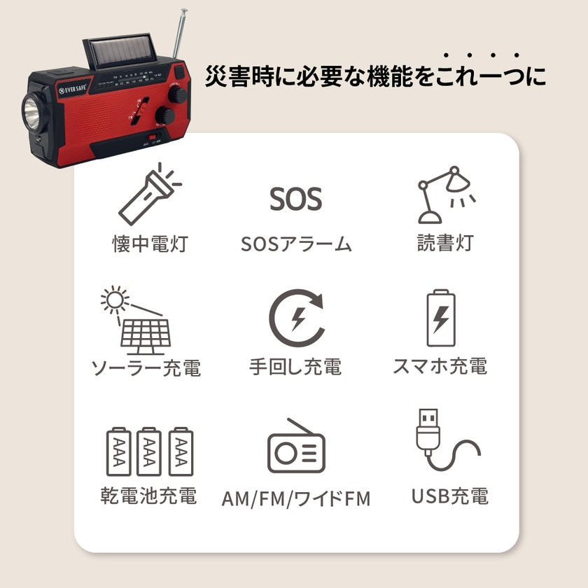 多機能防災ラジオライト【10年保存電池付き】