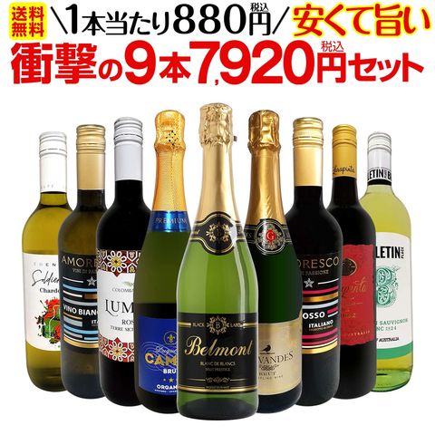 【送料無料】第61弾！当店最安級！1本あたり880円(税込)！限界ギリギリまでお買い求めやすくしました！安くて旨いワインばかりを詰め込んだ衝撃の9本7480円(税込)セット！ 京橋ワイン