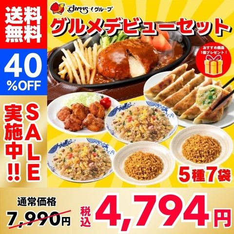 送料無料 【40％OFF！通常7,990円→4,794円！】おすすめ商品1個プレゼント！冷凍食品 惣菜 餃子 ハンバーグ/ すかいらーく グルメデビューセット（5種7袋） / ハンバーグ 炒飯 から揚げ ピラフ 中華惣菜 洋風惣菜 お惣菜 おかず 弁当 グルメ 冷食